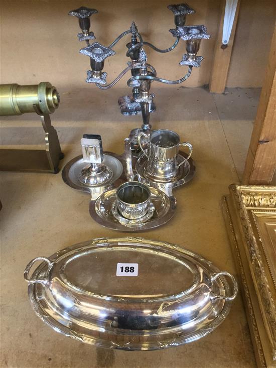 Plated tray, entree dish, pair candlesticks, other plated items